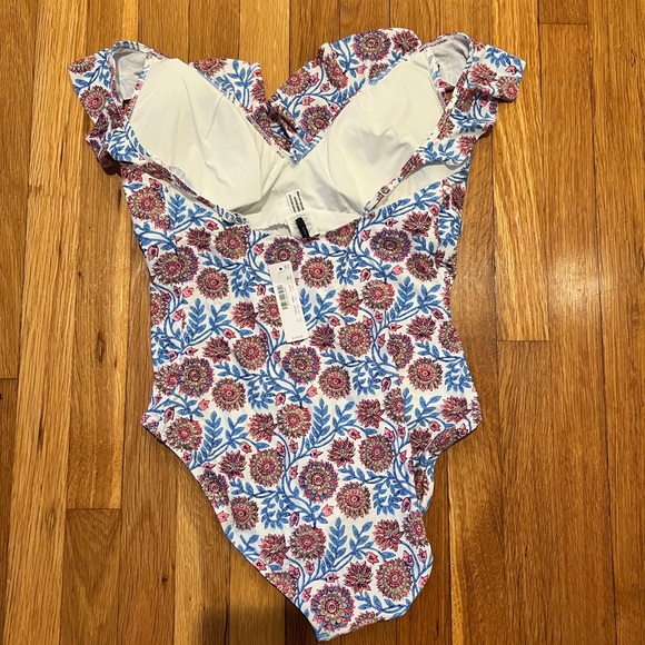 NWT J Crew Factory Floral Ruffle Shoulder V Neck One Piece Swimsuit Sz 12 - Picture 2 of 2